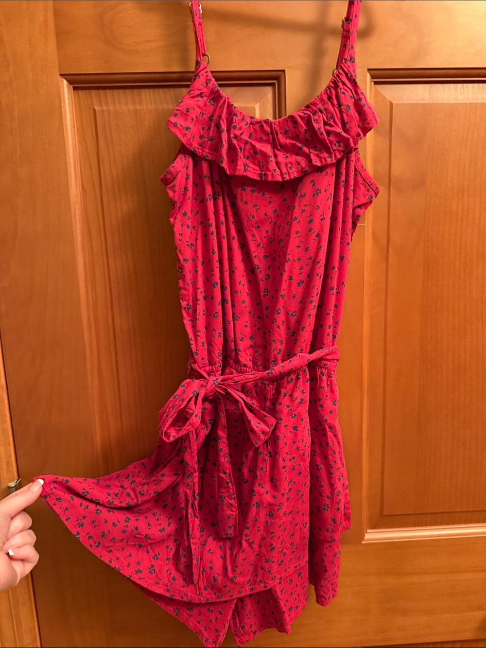 abercrombie kids Red Floral Ruffle Sundress Romper with Tie Waist